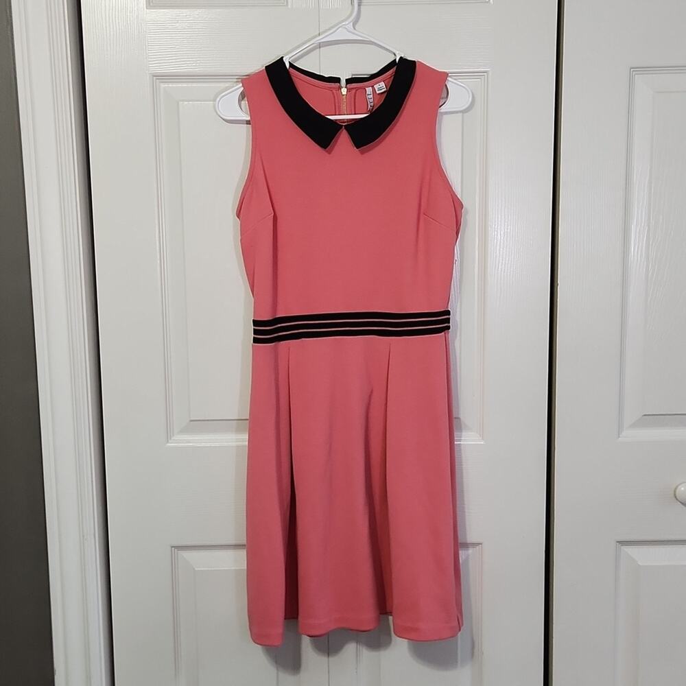 ELLE Pink Sleeveless Fit &‎ Flare Dress Black Peter Pan Collar SZ S Preppy Retro